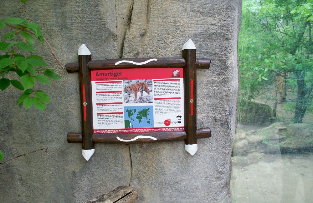 Infoschild aus Robinie beim Amurtiger, Zoo Leipzig